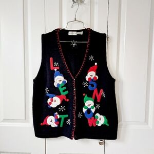 "Let it Snow" Snowman Black Christmas Sweater Vest size XL 16/18 White‎ Stag